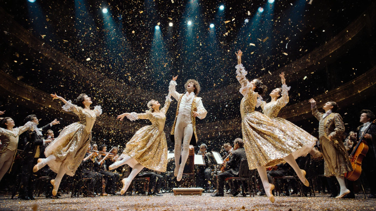 Colorful musical performers dancing on a Broadway stage with orchestra below.