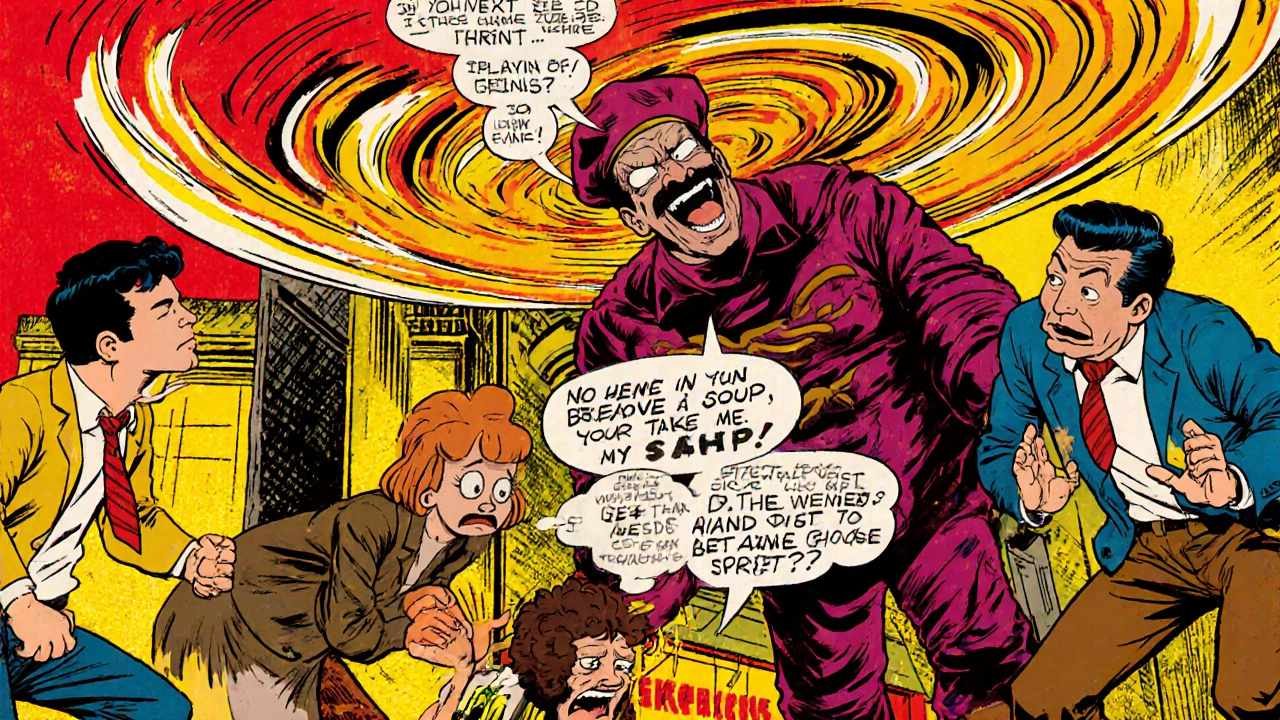 Comic book-style illustration of the Soup Nazi towering over Jerry and friends in a dramatic, stylized New York street scene.