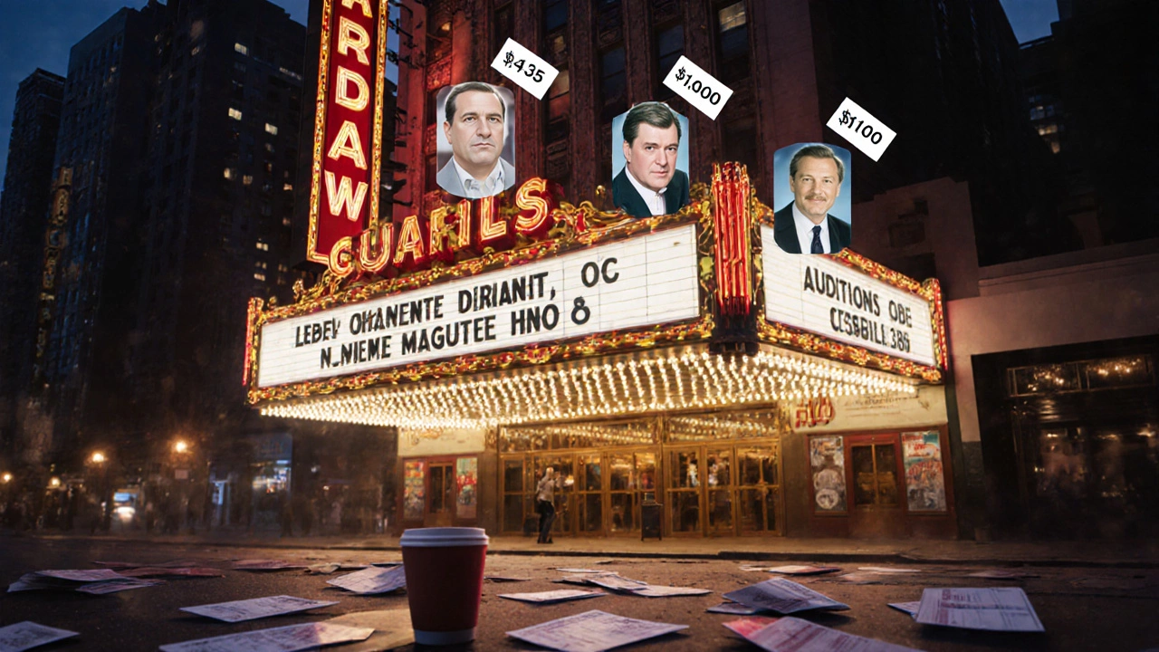 Fading Broadway marquee with translucent actor faces and dollar amounts above them