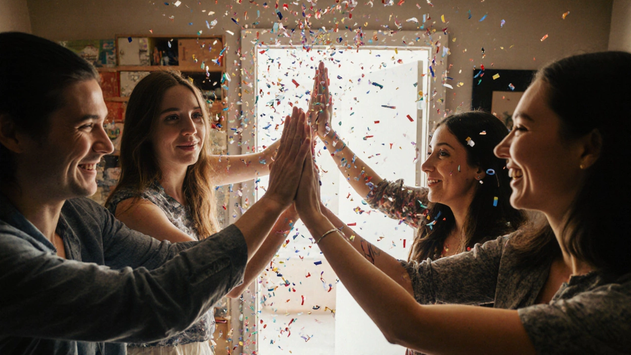 Friends celebrate with high-fives after barely escaping an escape room as confetti falls around them.