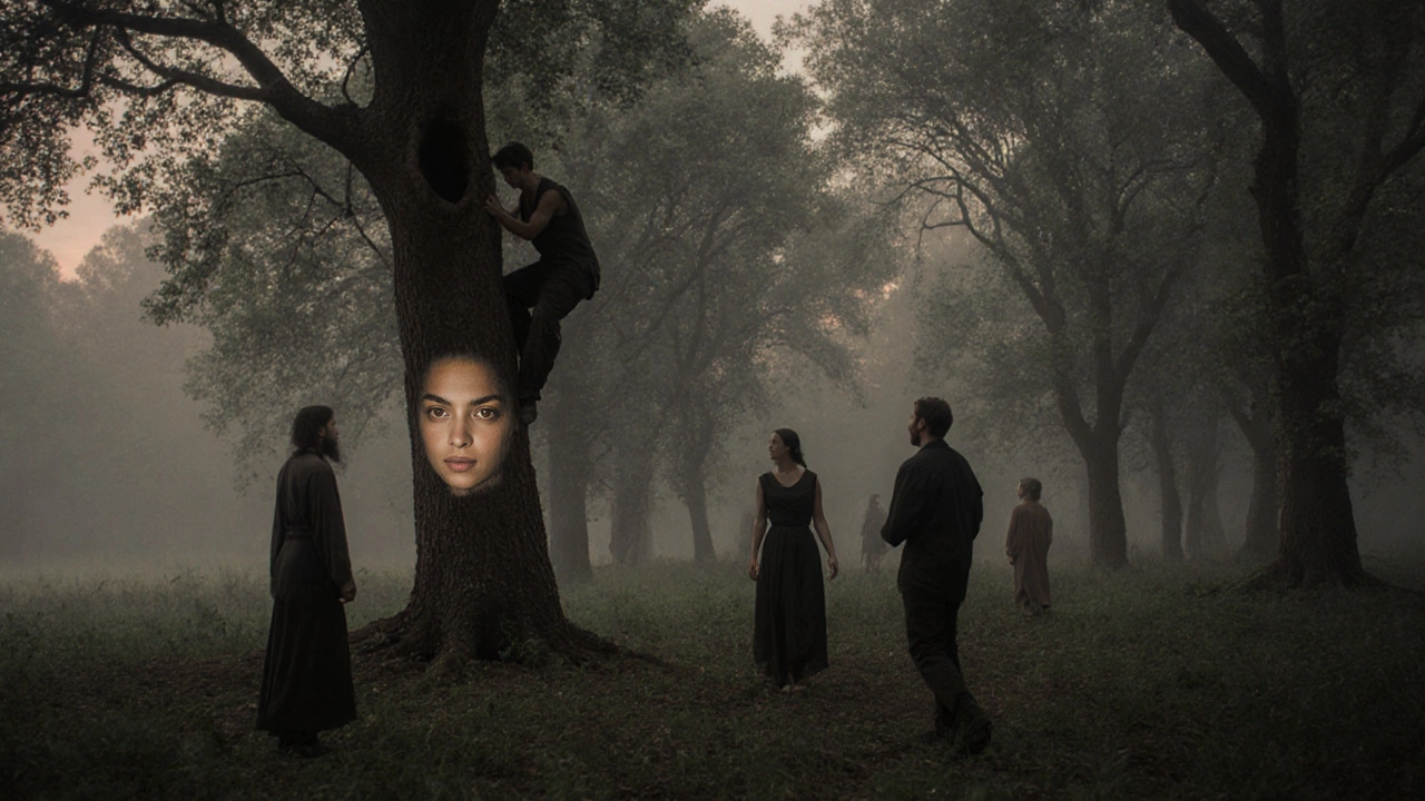 Physical theatre performers moving silently among trees in a misty forest at dusk.