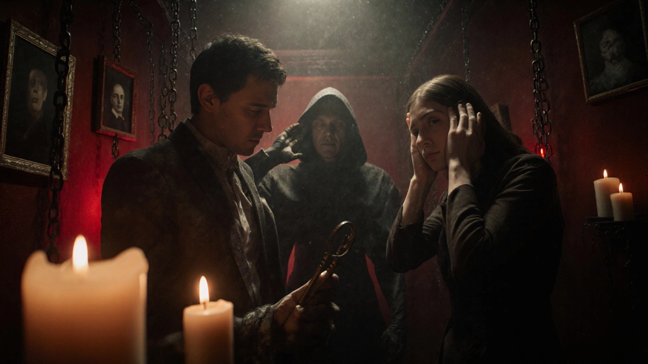 Team in a horror escape room reacts to eerie sounds and flickering lights, one covering their ears.