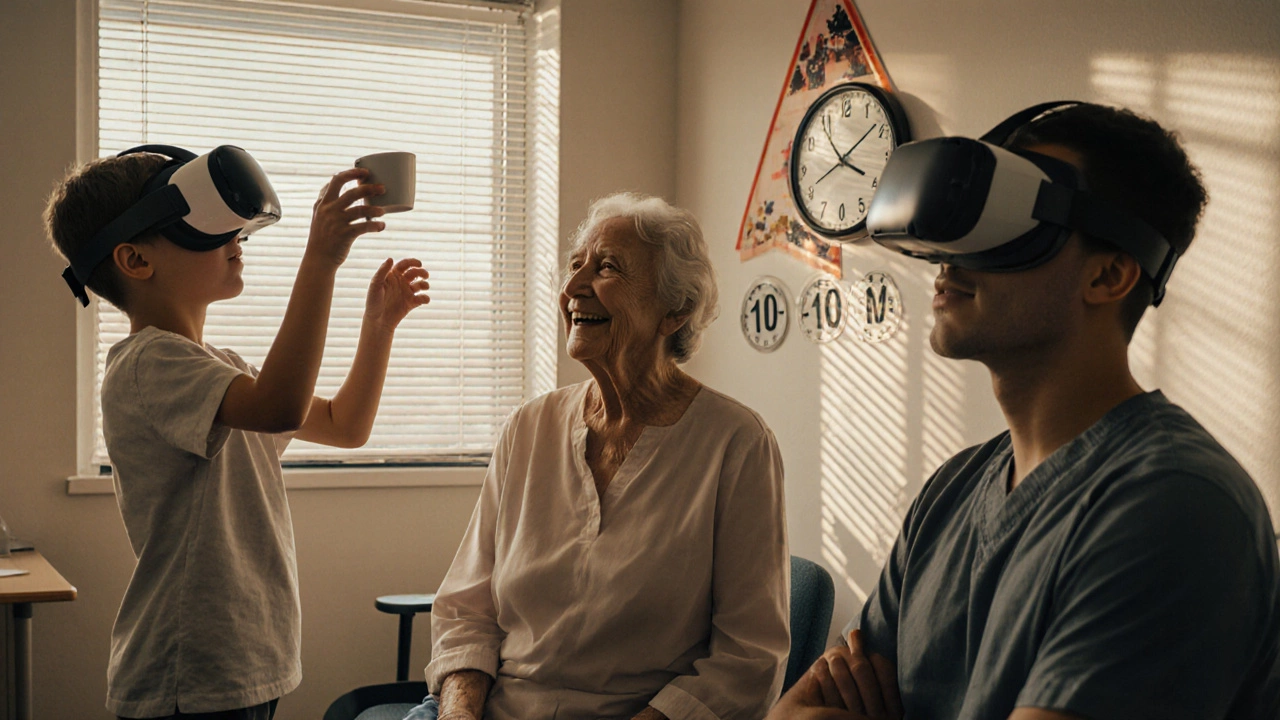 Three people using VR responsibly: a child, an elderly woman, and an adult taking a break in a clinical setting.