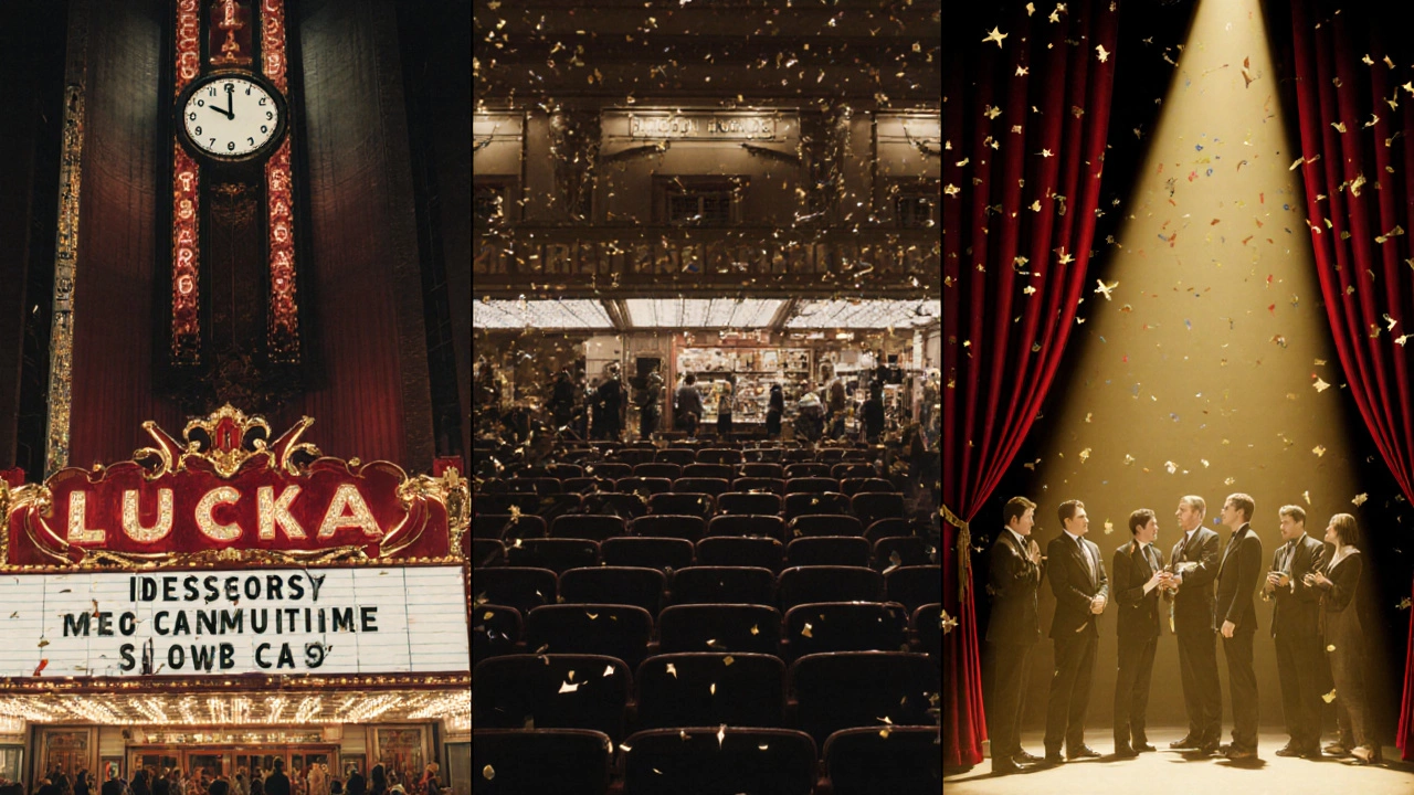 Timeline of a Broadway show: arrival, intermission, and final curtain call under golden light.