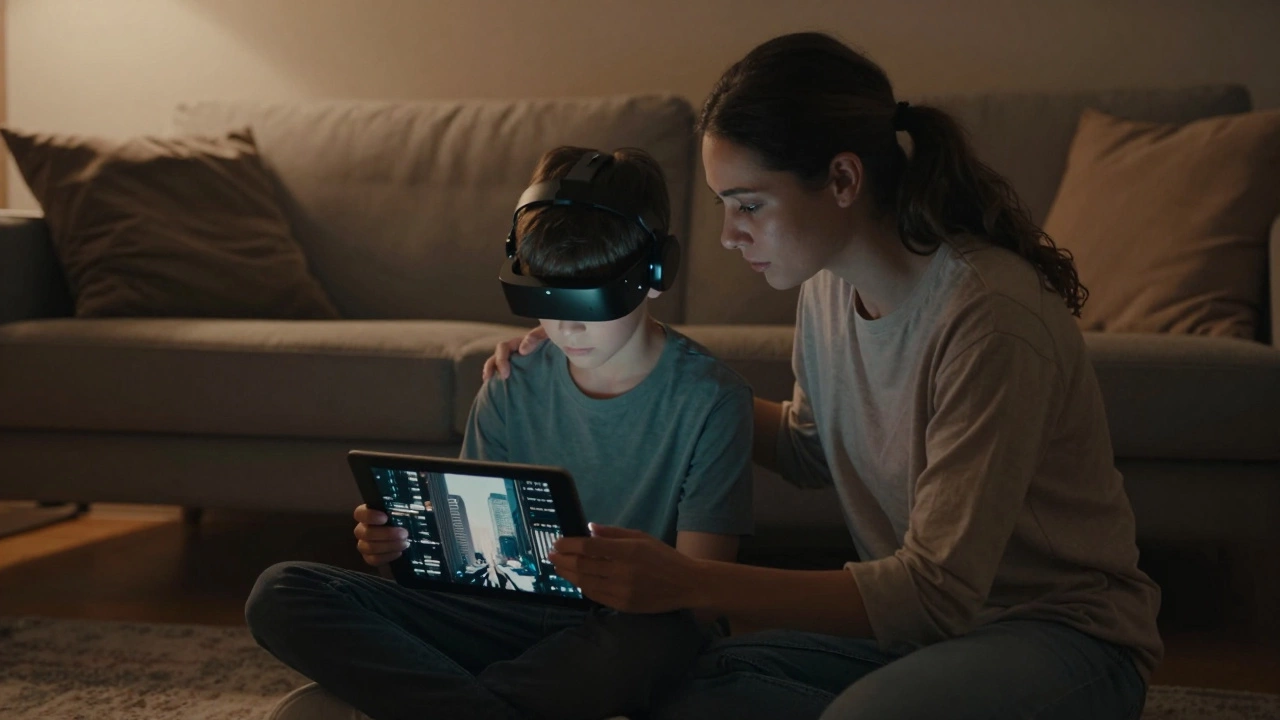 A babysitter and a boy in futuristic gear sitting together quietly in a dimly lit room, staring at a glowing tablet.