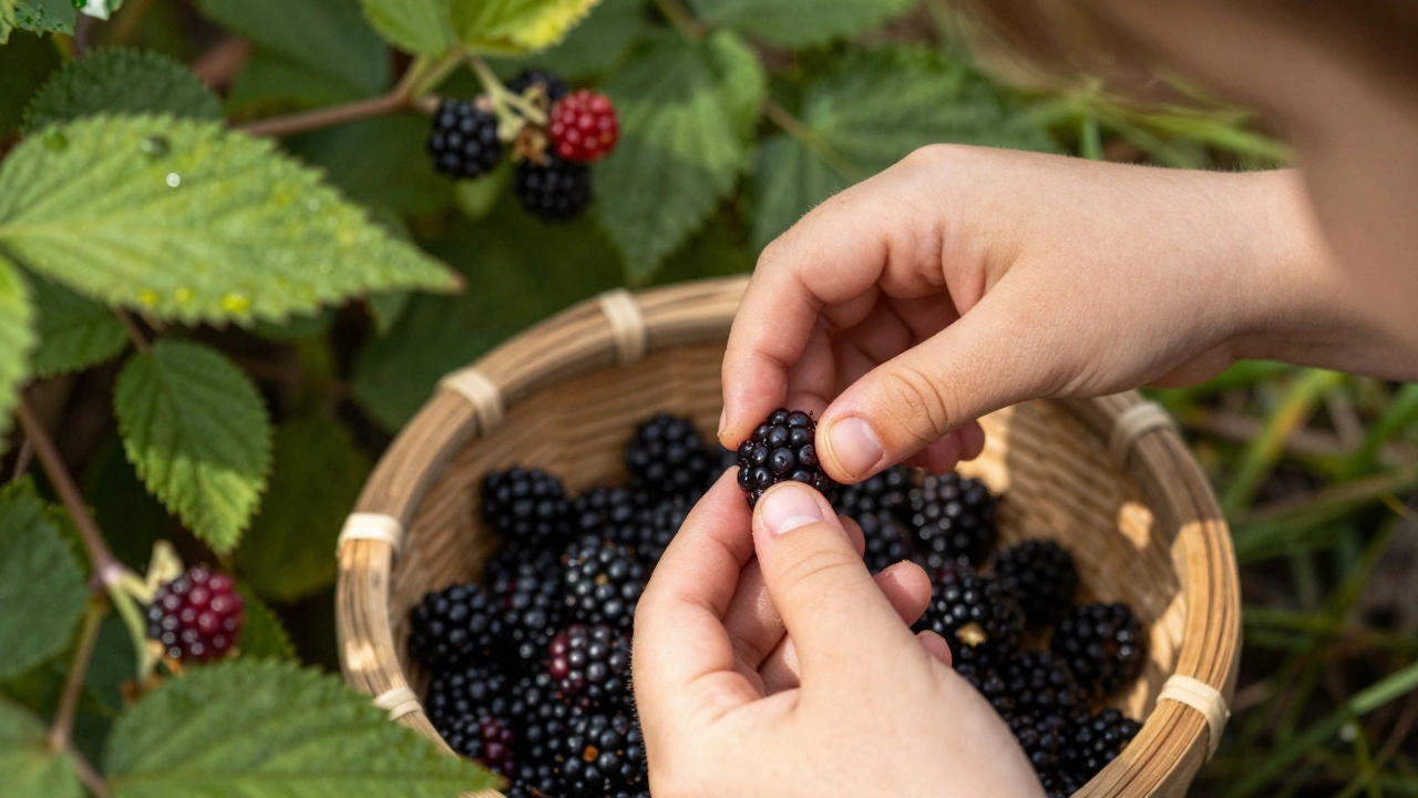 A child picks wild blackberries in the forest, sunlight filtering through leaves as they gather fruit.