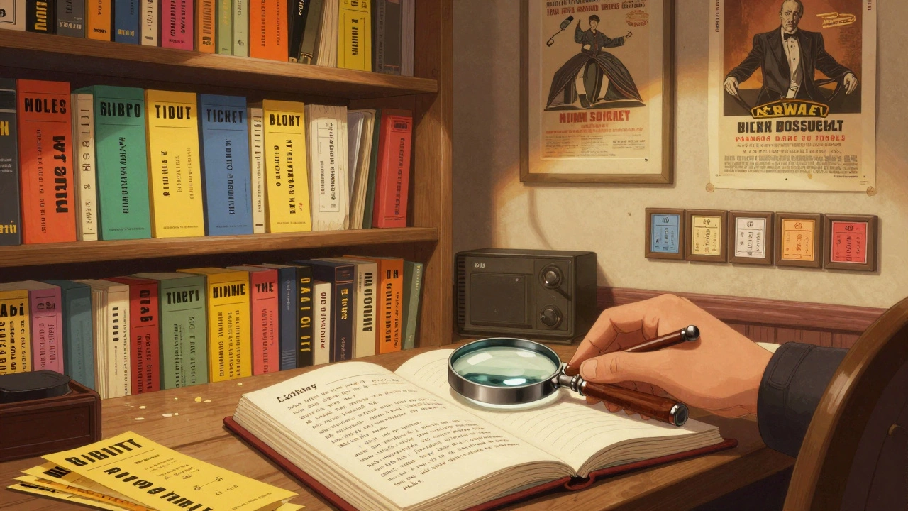 A cozy study filled with archived theatre playbills, posters, and journals, showcasing a collector's meticulous organization.