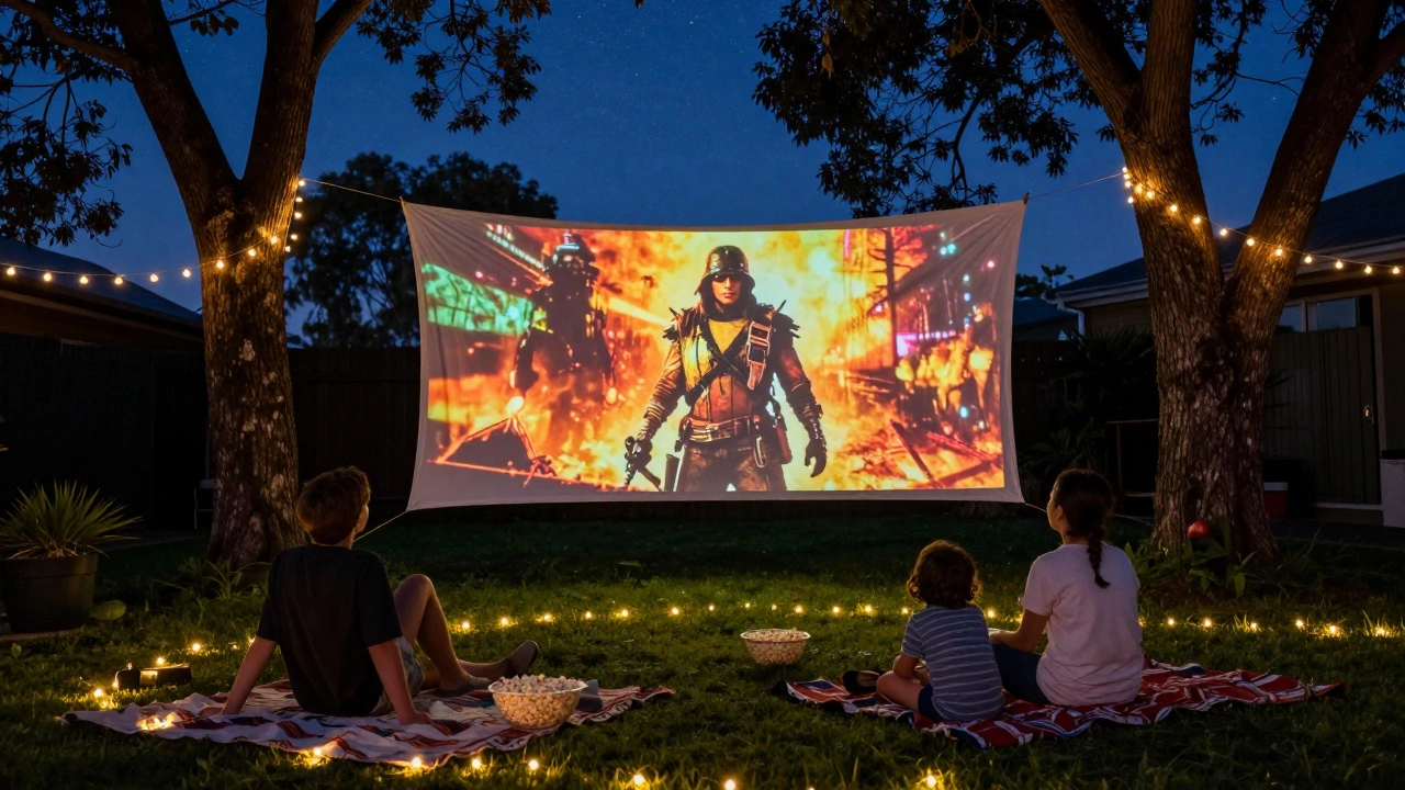 A family watches a backyard movie under string lights and stars, enjoying a summer night without screens.