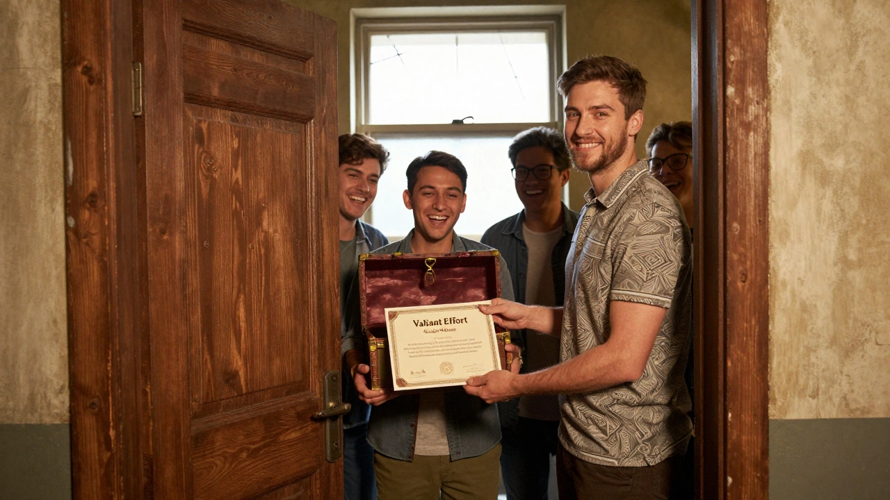 A game master handing a 'Valiant Effort' certificate to a smiling team.