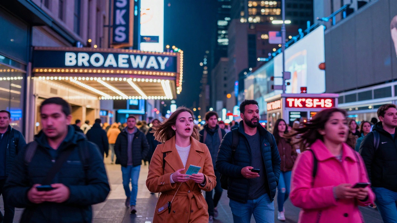 A lively Thursday night crowd rushing toward a brightly lit Broadway theatre in Times Square.