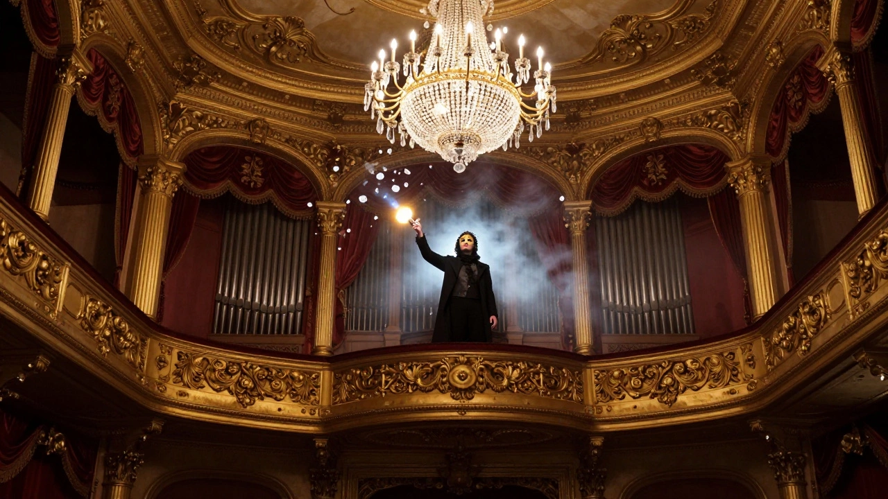 A masked figure on a balcony above a falling chandelier in The Phantom of the Opera.