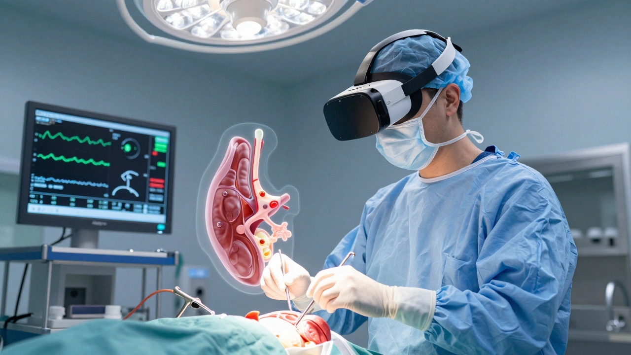 A surgeon using VR to perform a virtual operation, surrounded by floating holographic medical tools and data.