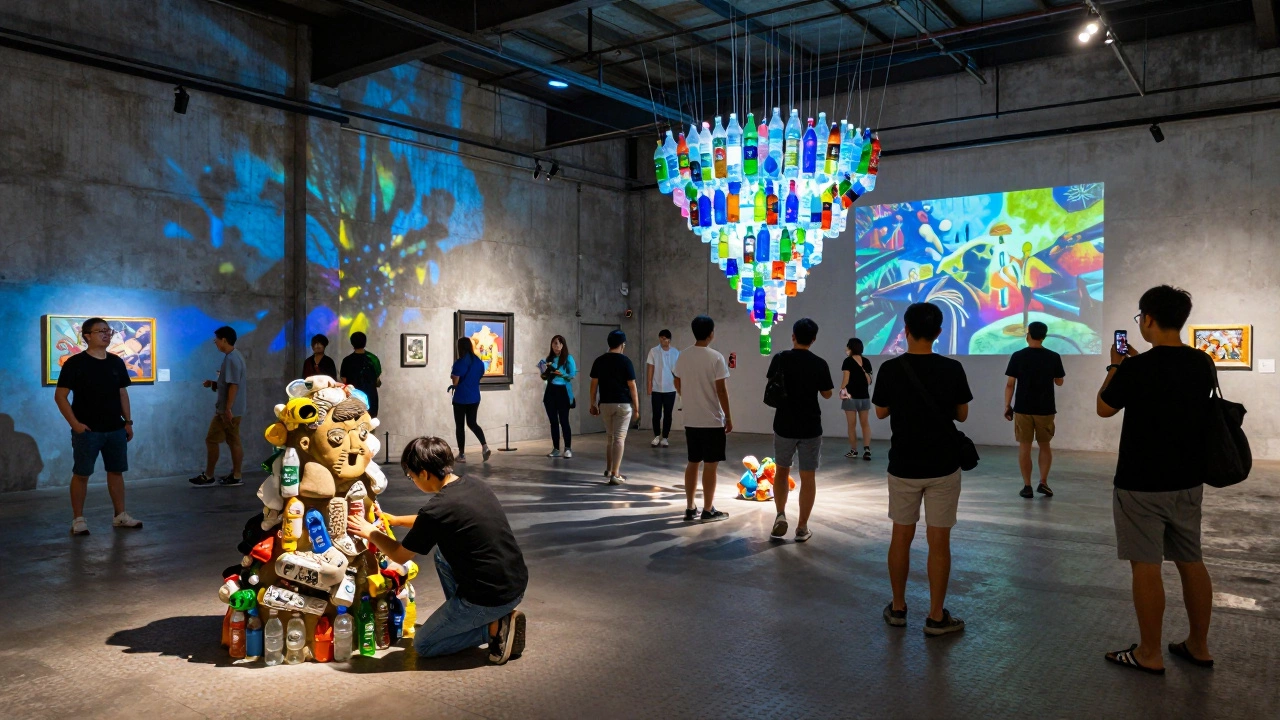 A vibrant pop-up art exhibition in a warehouse with diverse installations and engaged visitors.