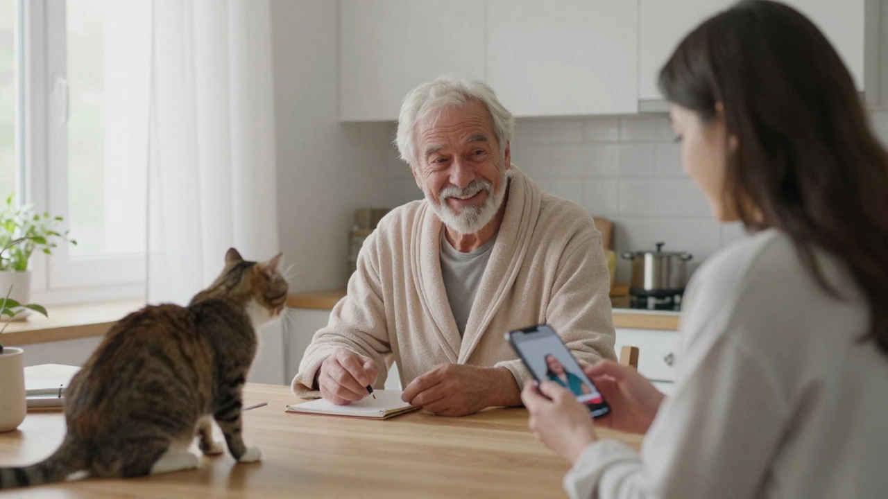 An elderly man telling a joke to his cat while a young woman watches comedy on her phone.