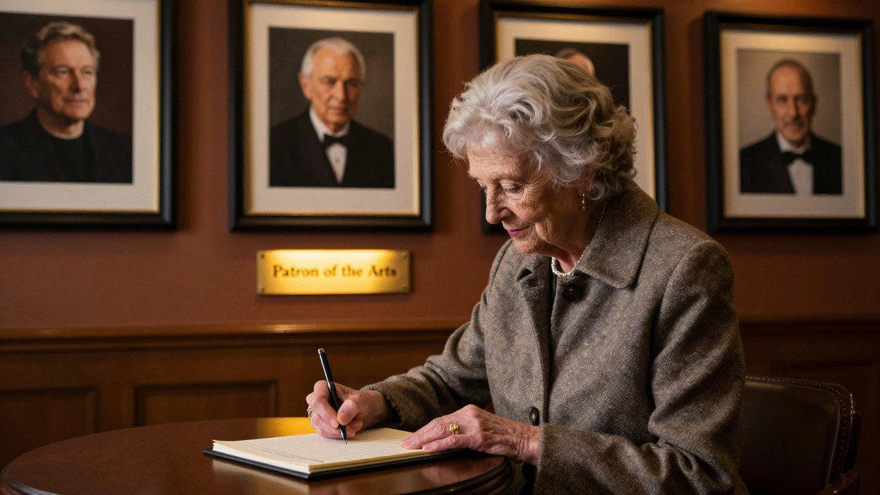 An elderly woman signing a patron donor ledger at the Sydney Opera House, with plaques and portraits behind her.