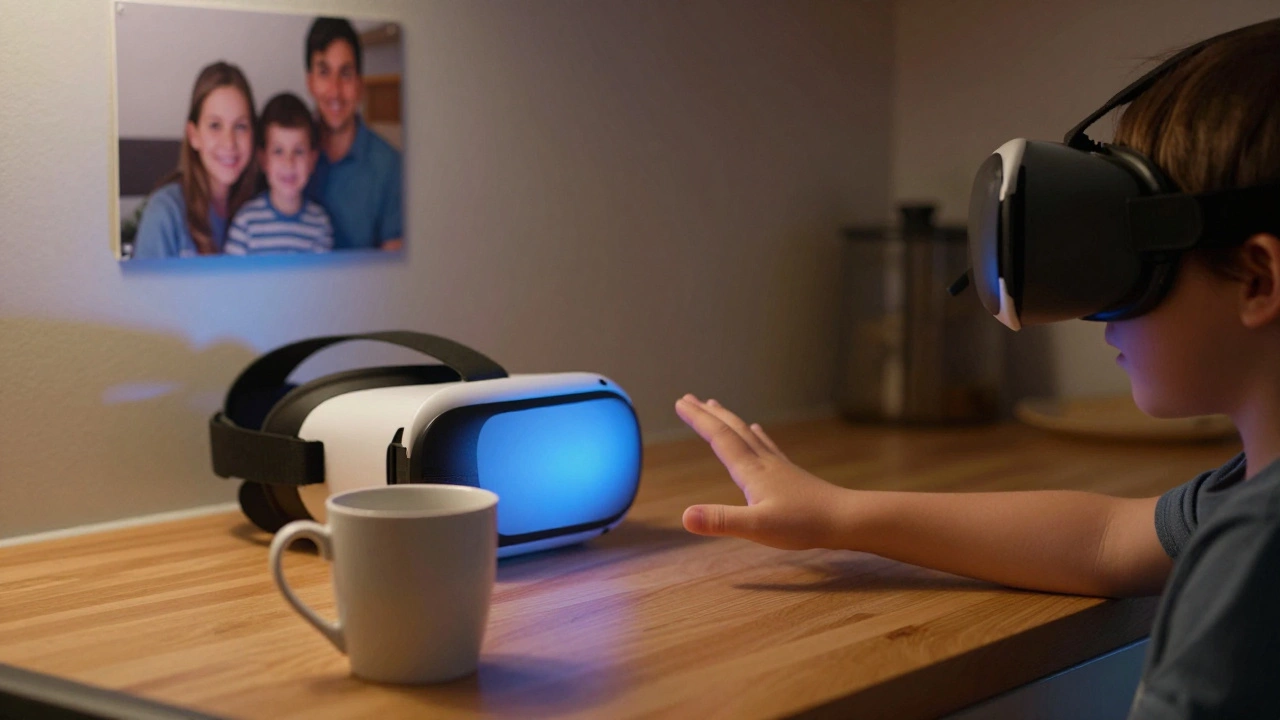 Child's hand reaching through empty air where a mug should be, VR headset on chair nearby.