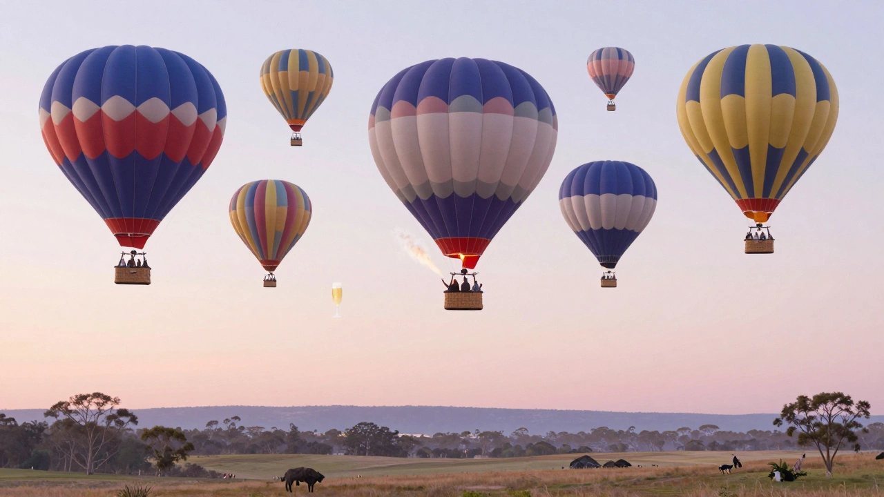 Colorful hot air balloons floating peacefully over countryside at dawn, diverse passengers inside.