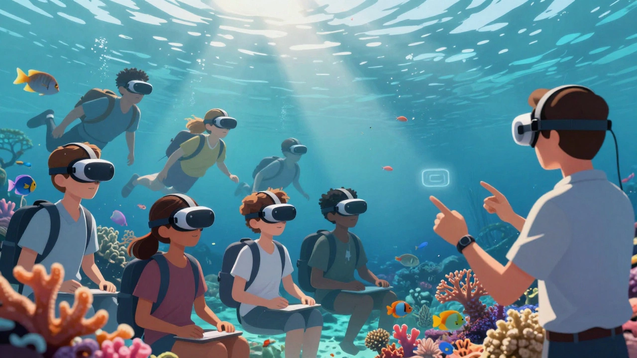Diverse group of students in virtual classroom exploring the Great Barrier Reef with Meta Quest 3 headsets.