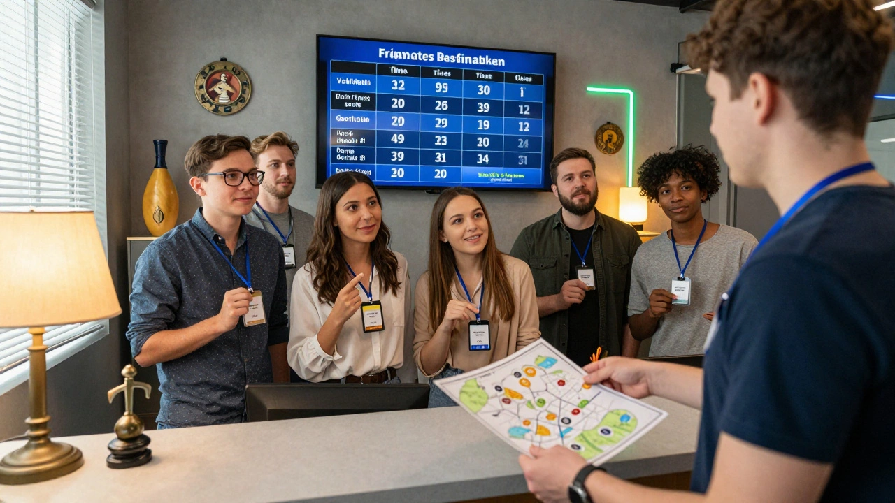 Group of six receiving name tags and a map at an escape room front desk.