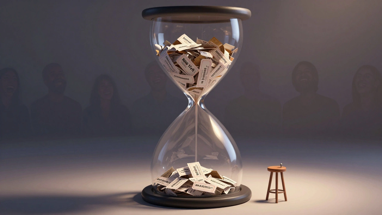 Hourglass filled with 1.2 million ticket stubs from global cities, draining toward a lone mic and stool.