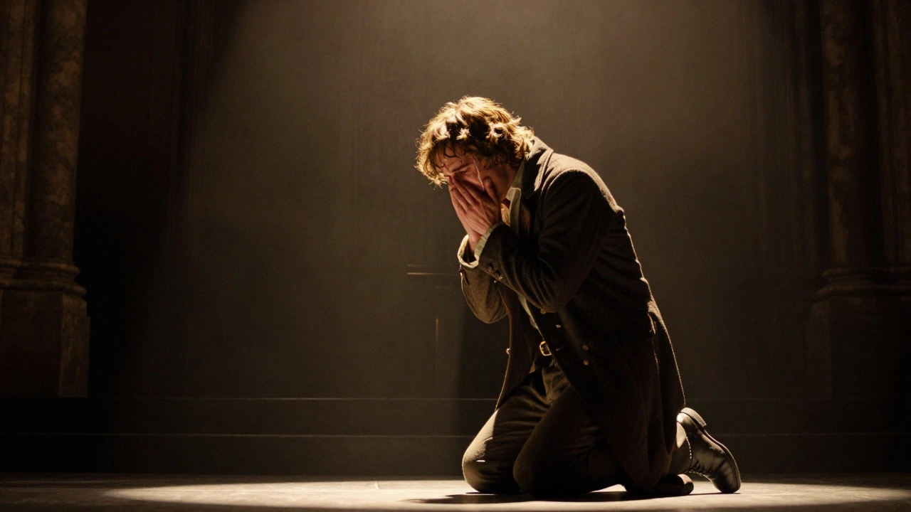 Jean Valjean kneeling before the bishop in golden light, tears on his face.