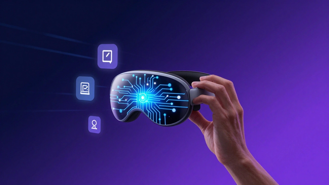 Meta Quest 3 headset with glowing neural circuits and floating app icons symbolizing mixed reality possibilities.