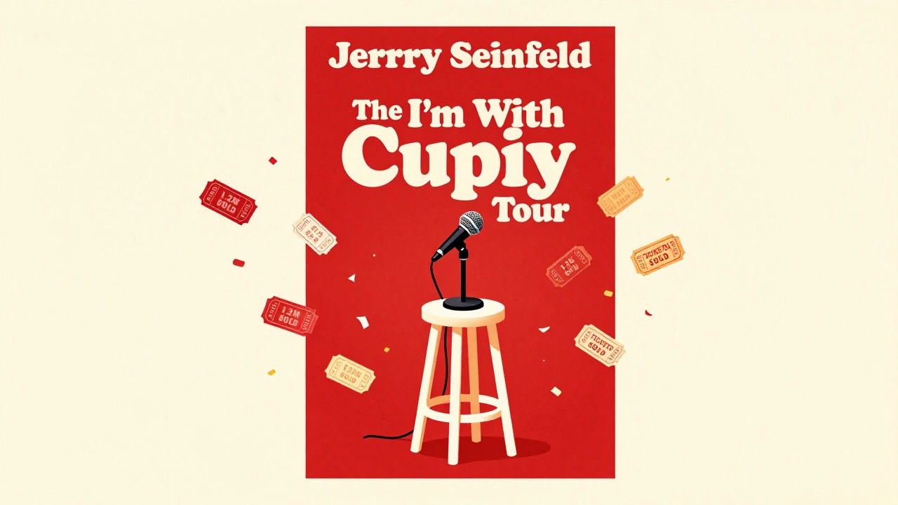 Minimalist concert poster with microphone and stool, surrounded by flying ticket stubs in bold red.