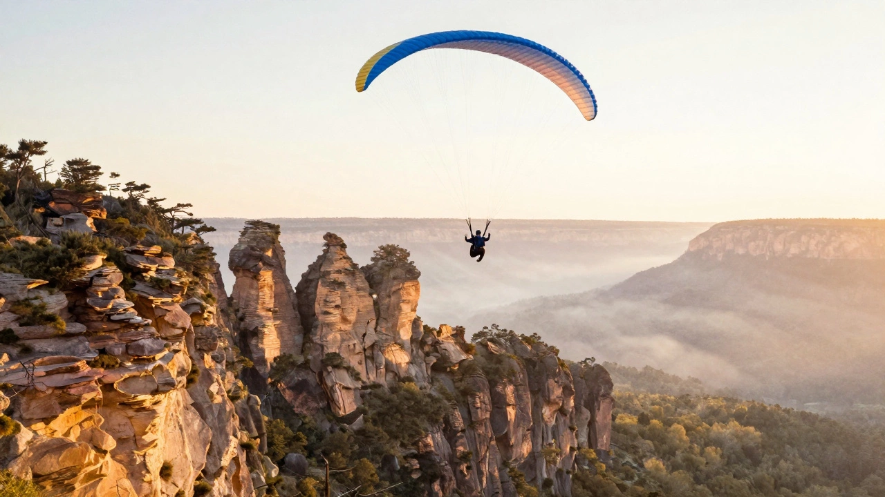 Paraglider soaring silently over Blue Mountains cliffs at sunrise, golden light on rock formations.