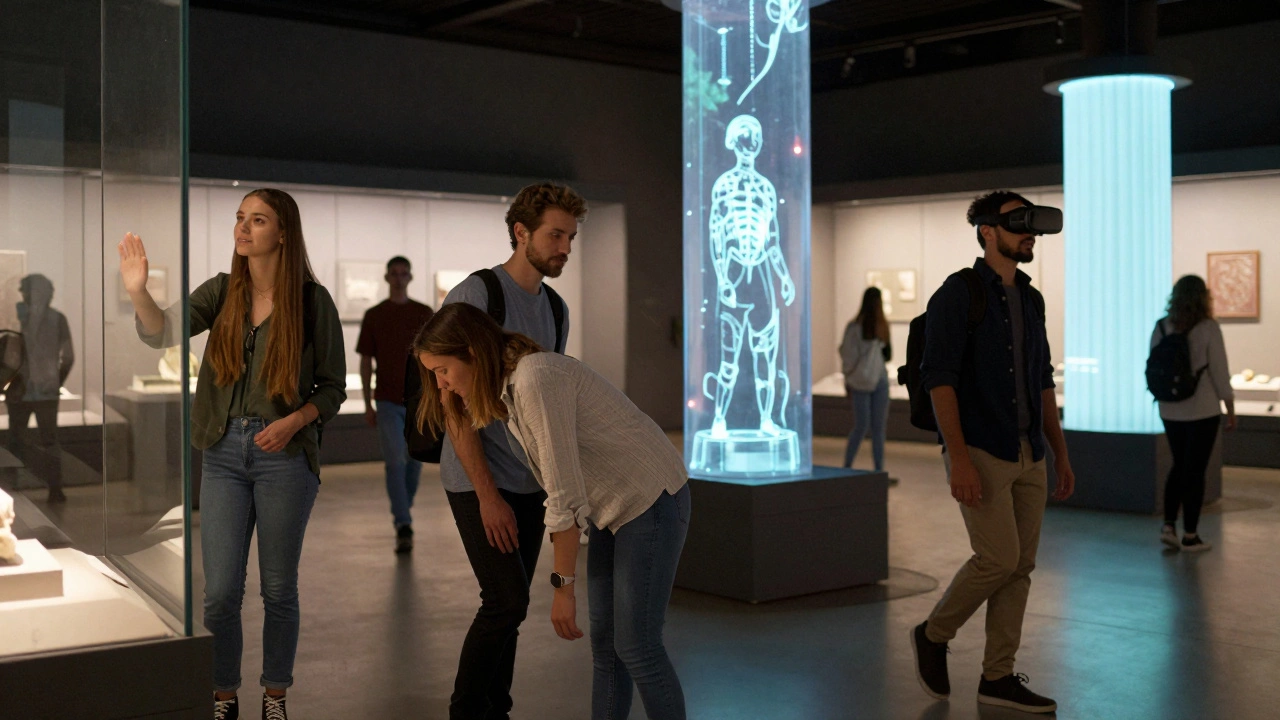 People exploring a virtual museum by walking, interacting with holographic artifacts in an immersive environment.