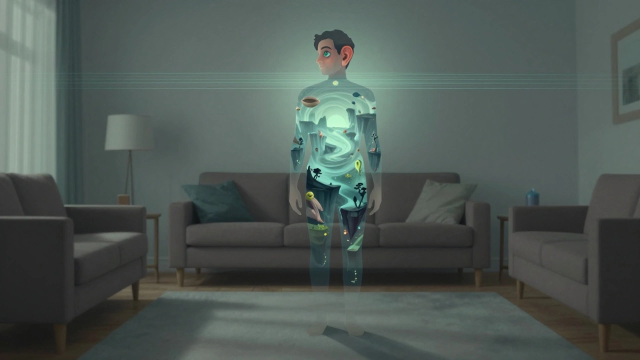Semi-transparent person with virtual landscape inside body, standing in real living room.