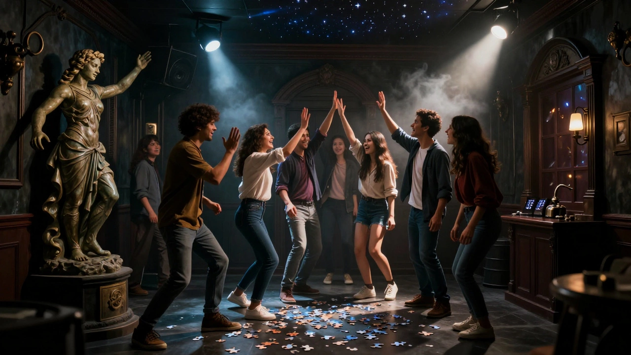 Seven people celebrating after escaping a high-tech room with fog and moving props.