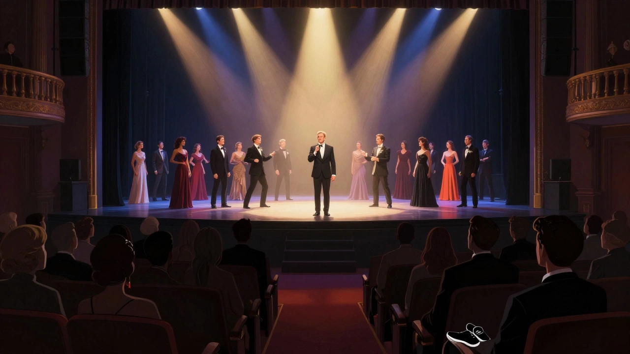 Silhouetted Broadway audience during a performance, one person wearing minimalist sneakers visible in the seats.