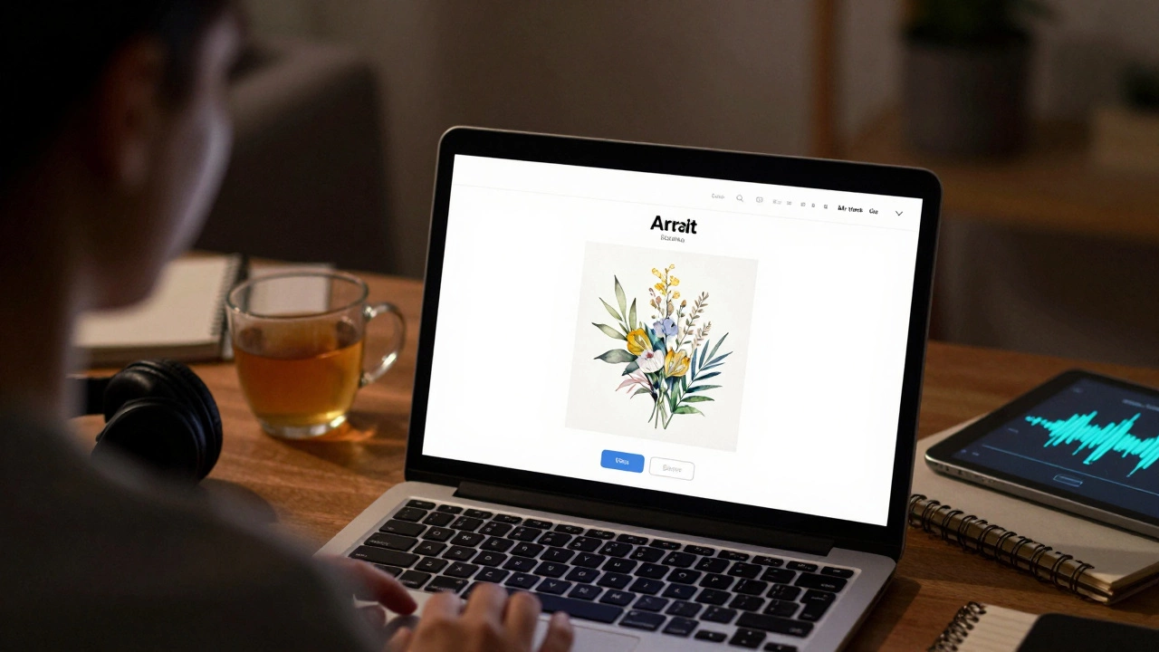 Someone viewing an online art exhibition on a laptop at home, bathed in screen glow.