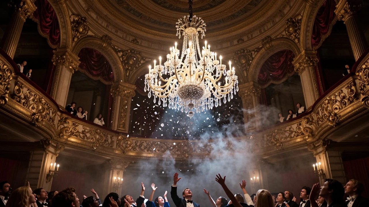 The Phantom of the Opera's chandelier crashing down in a candlelit theater.