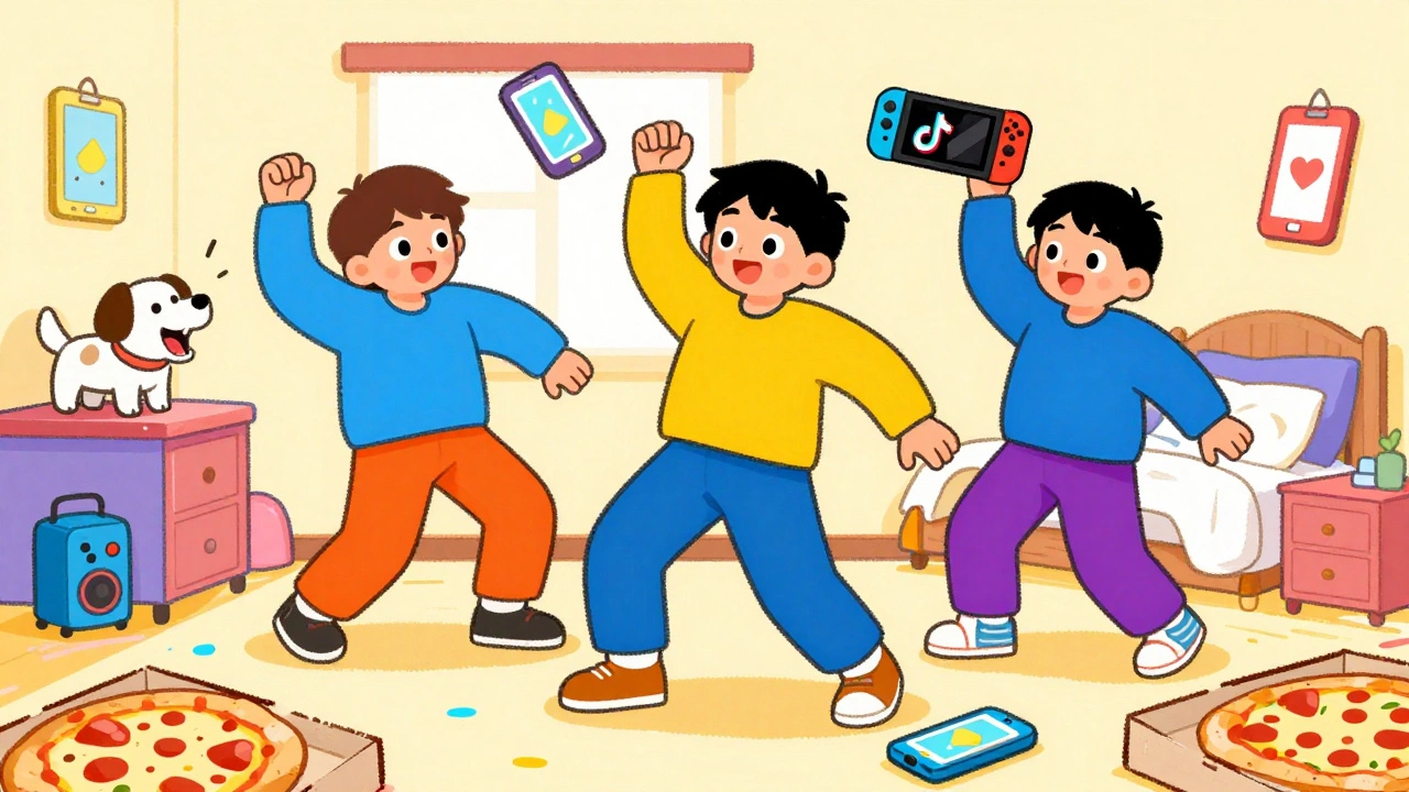 Three boys pretending to perform a TikTok dance while a dog barks from a speaker in a messy bedroom.