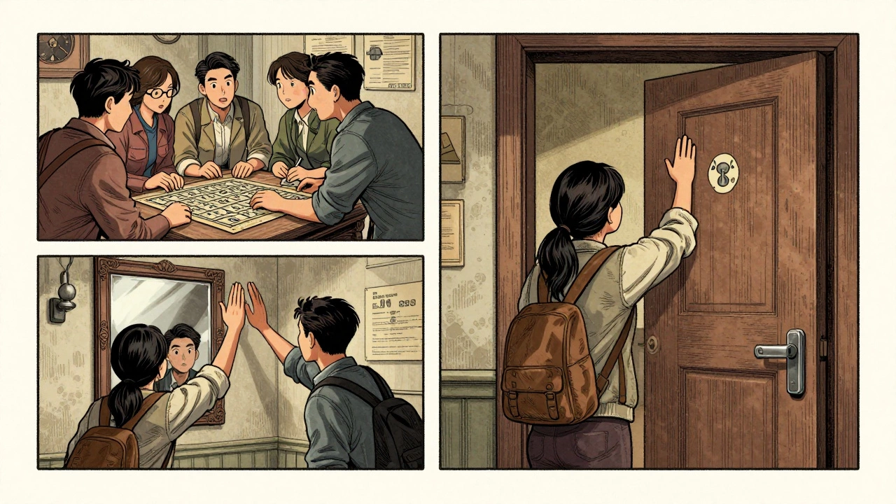 Three illustrated moments showing teamwork, clues, and celebration in an escape room.