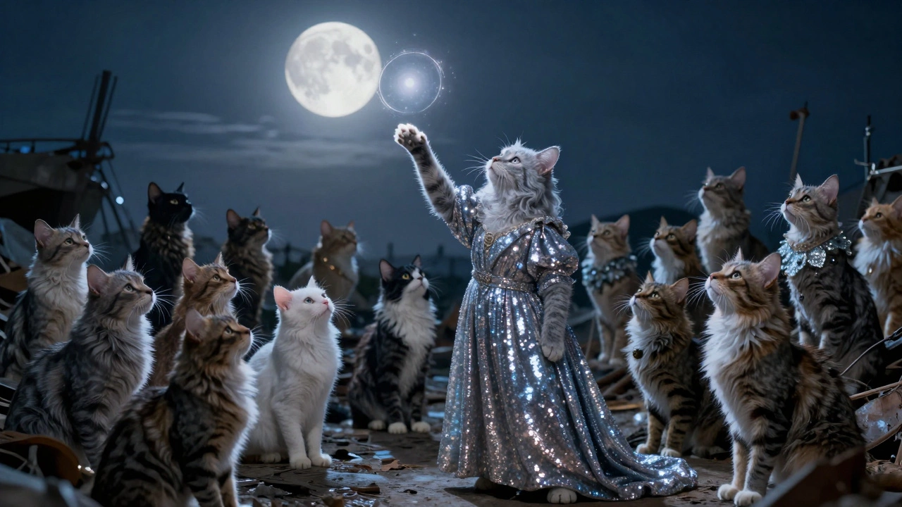 Twenty cat performers in a moonlit junkyard, one reaching toward a glowing portal.