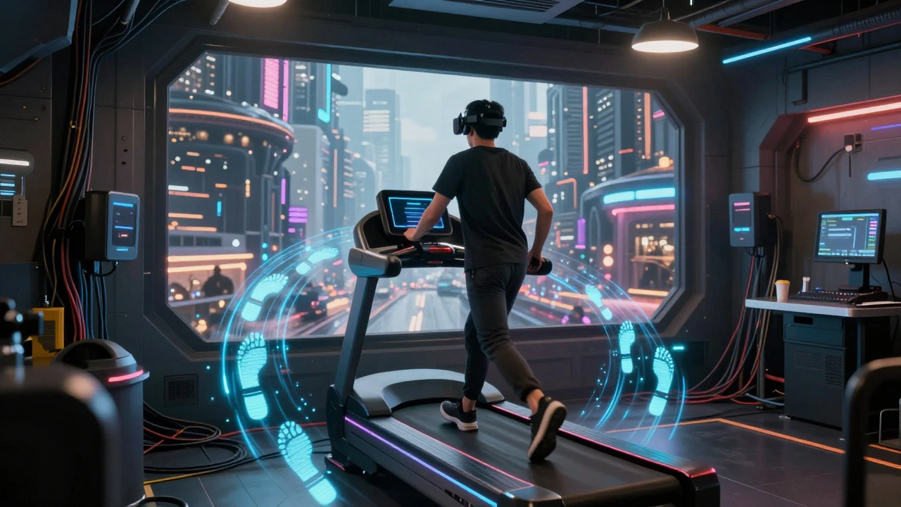 User walking in place on a VR treadmill, digital footsteps transforming into motion through a futuristic city.