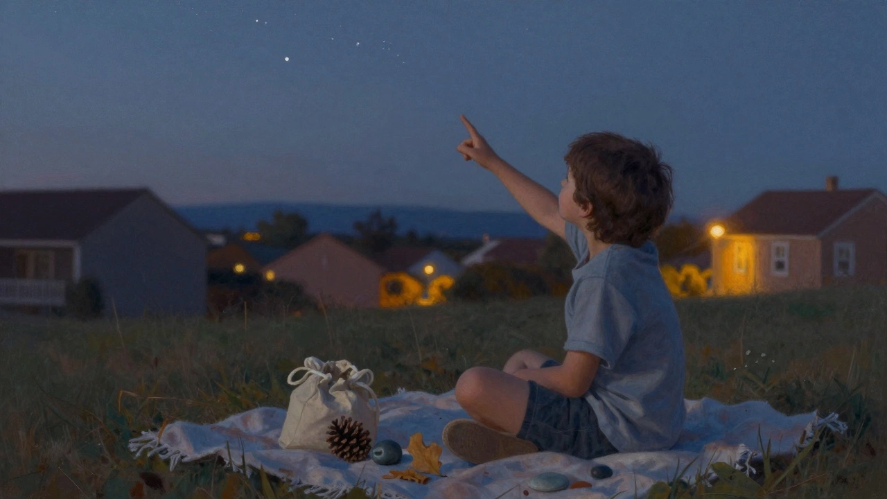 A child sitting under twilight stars with a bag of collected nature treasures nearby.