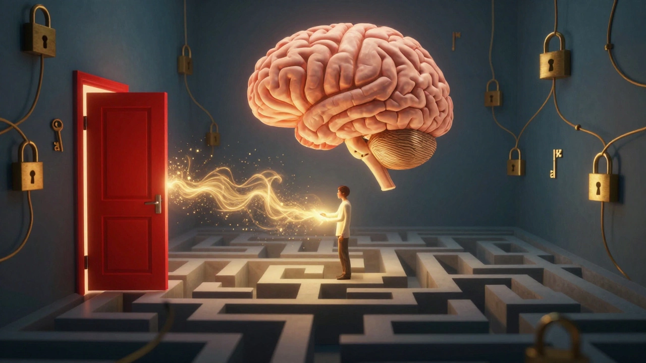 A human brain as an escape room, with a red door shutting and a calm figure breathing light into tangled neural locks.