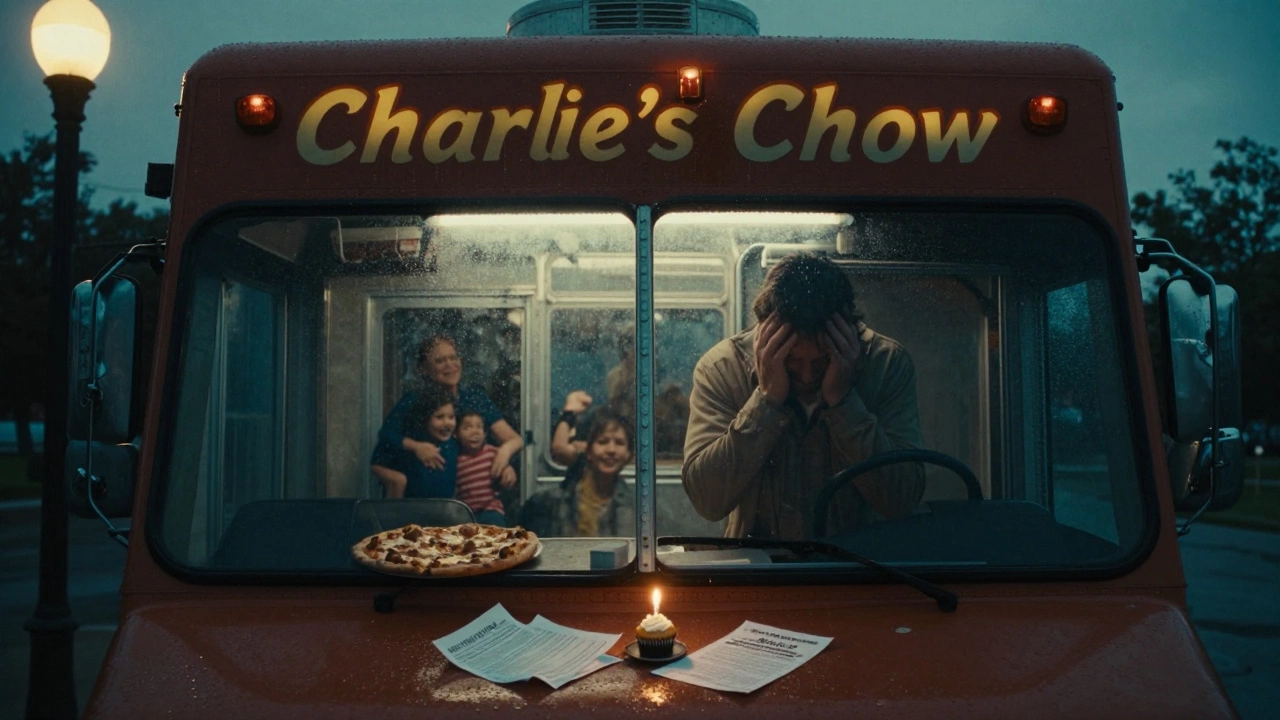 A tired father sits alone in a rainy food truck, a single birthday candle glowing inside.