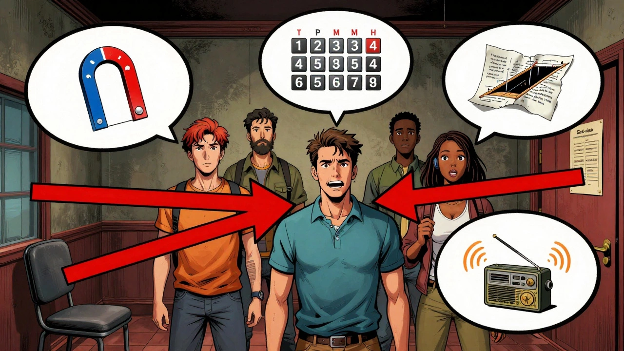 Comic-style illustration showing hidden clues in an escape room connected by bold arrows.