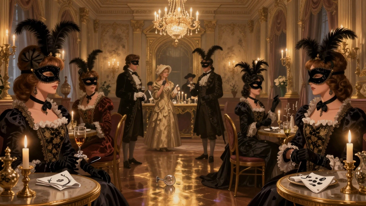 Elegant masquerade ball with guests in ornate masks and velvet costumes, candlelight reflecting off a grand ballroom floor.