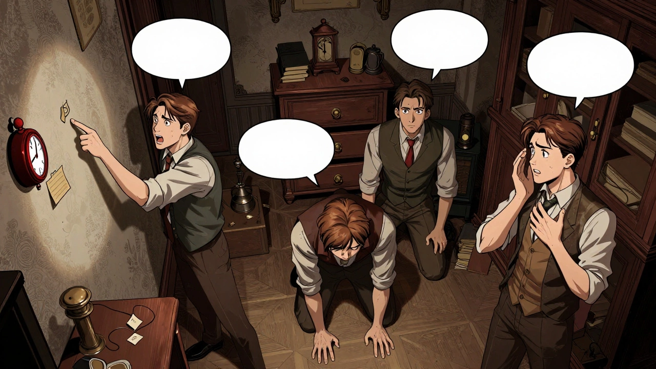 Four teammates in a cluttered study, one grounding by touching the floor, others reacting differently to mounting pressure.