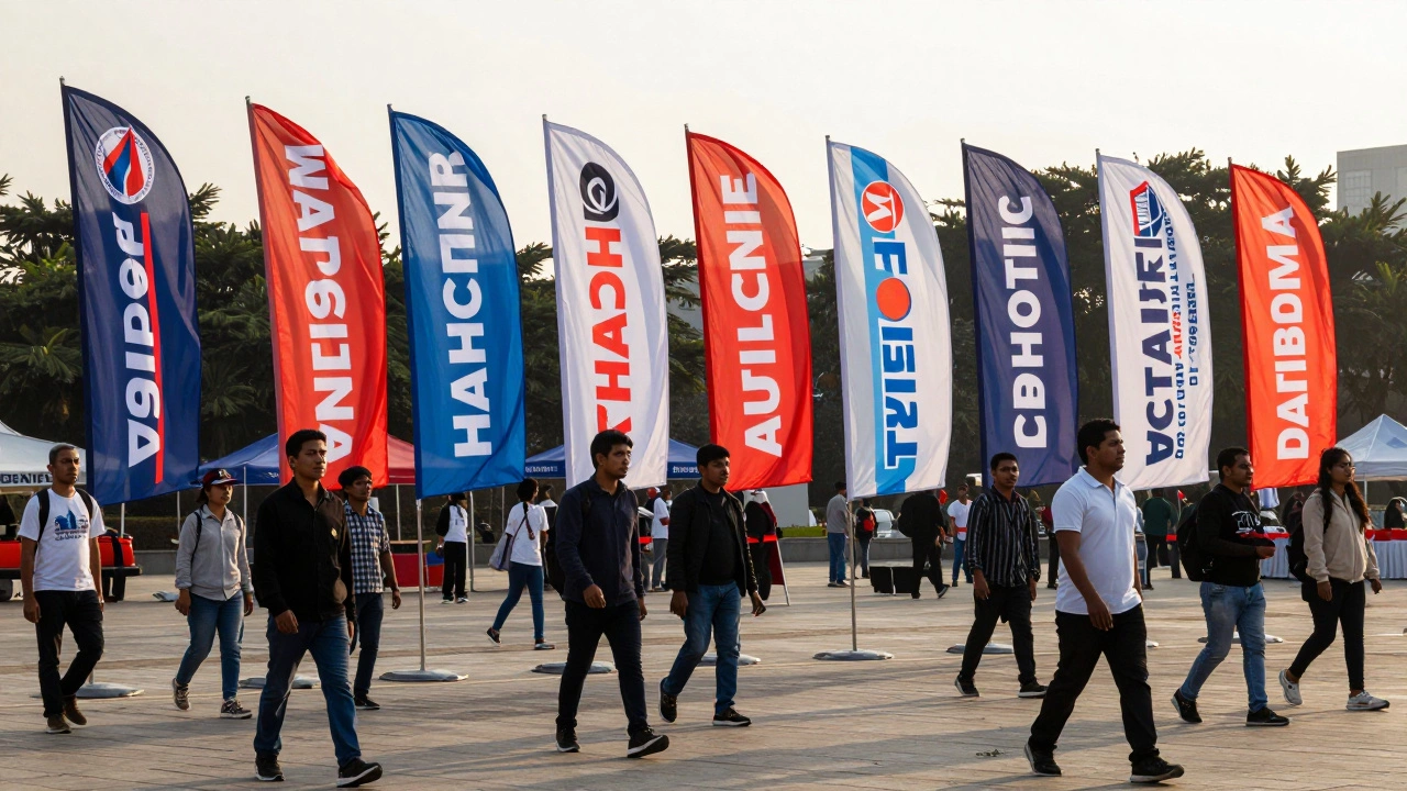 Multiple political party banners in a square as voters walk between them under golden light.
