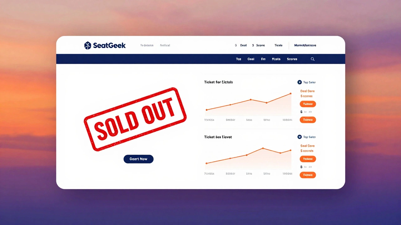 Split-screen comparison: sold-out official site versus active SeatGeek marketplace with price graphs and seller badges.