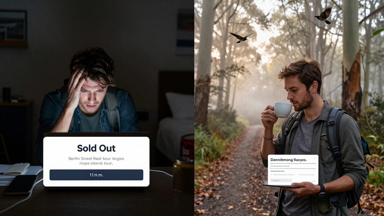 Two contrasting scenes: stressed traveler booking last-minute tour vs. calm traveler at sunrise hike.