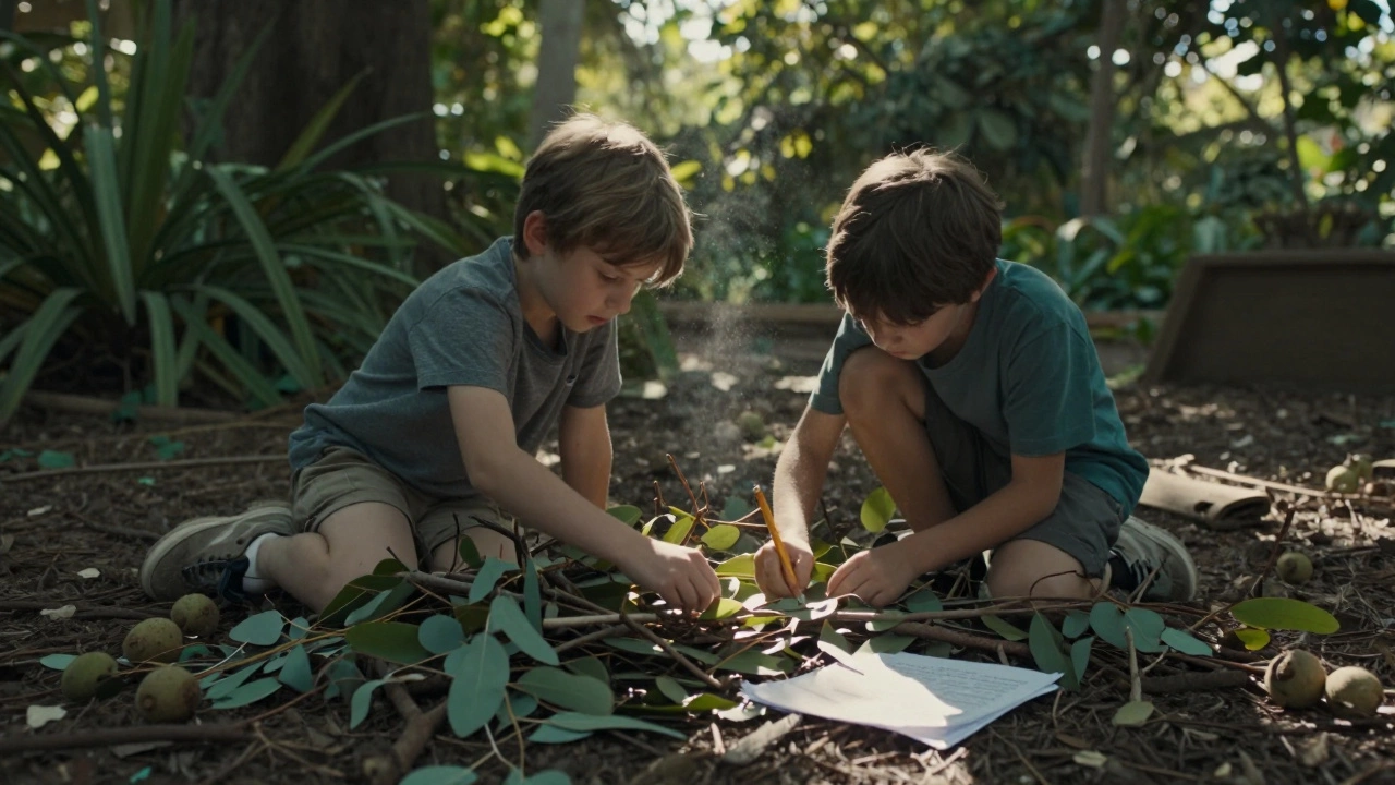 Two kids building a leaf-and-branch fort in a garden, surrounded by natural materials.
