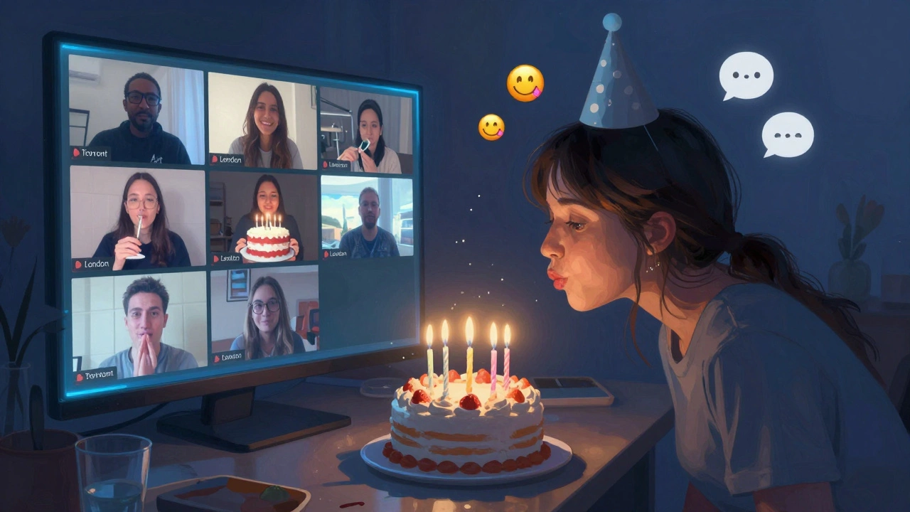 Virtual birthday party with people in different cities celebrating together on glowing screens, each holding a cake.