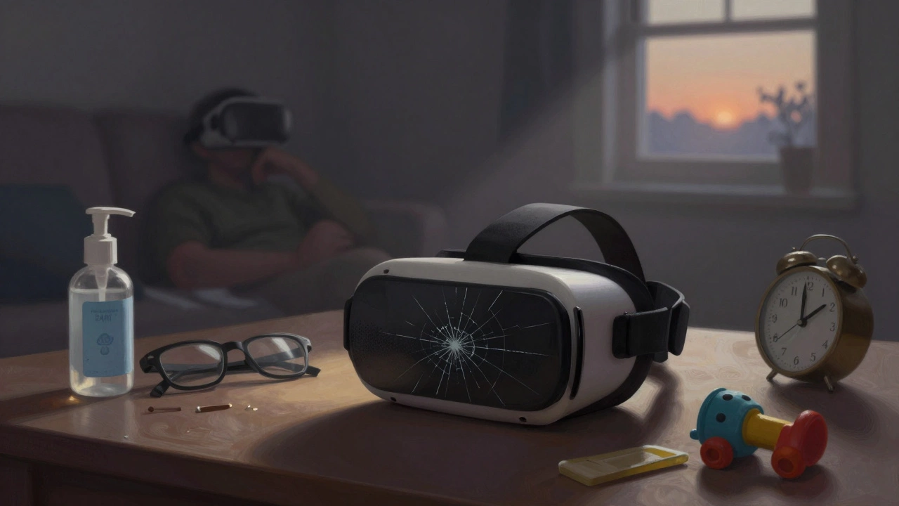 VR headset abandoned on a table with signs of overuse, as dawn light enters a darkened room.